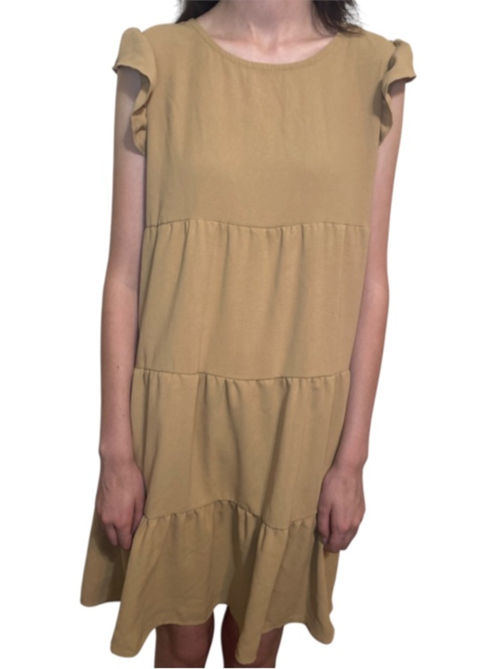 Kirundi Flutter Sleeve Tiered Midi Dress in Textures Tan Size Small fall